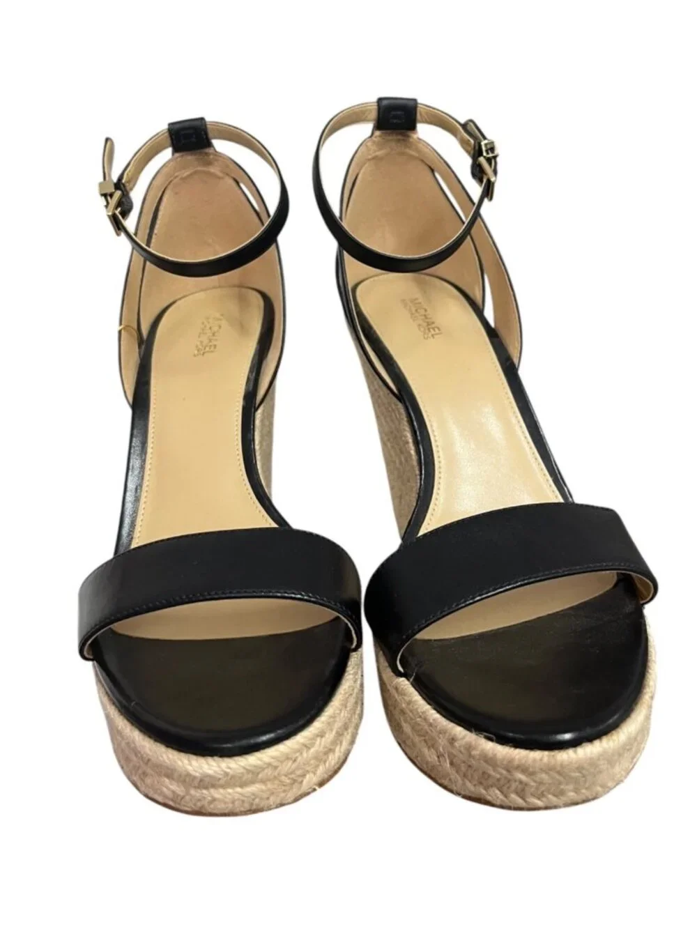 Michael Kors Kimberly Black Leather Espadrille Wedge Sandals Size 10M